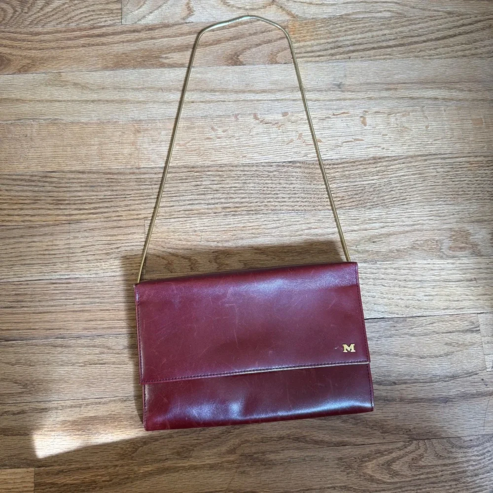 Mano Lord-Calf‎ Vintage Burgundy Leather Clutch Gold Chain Made in Germany